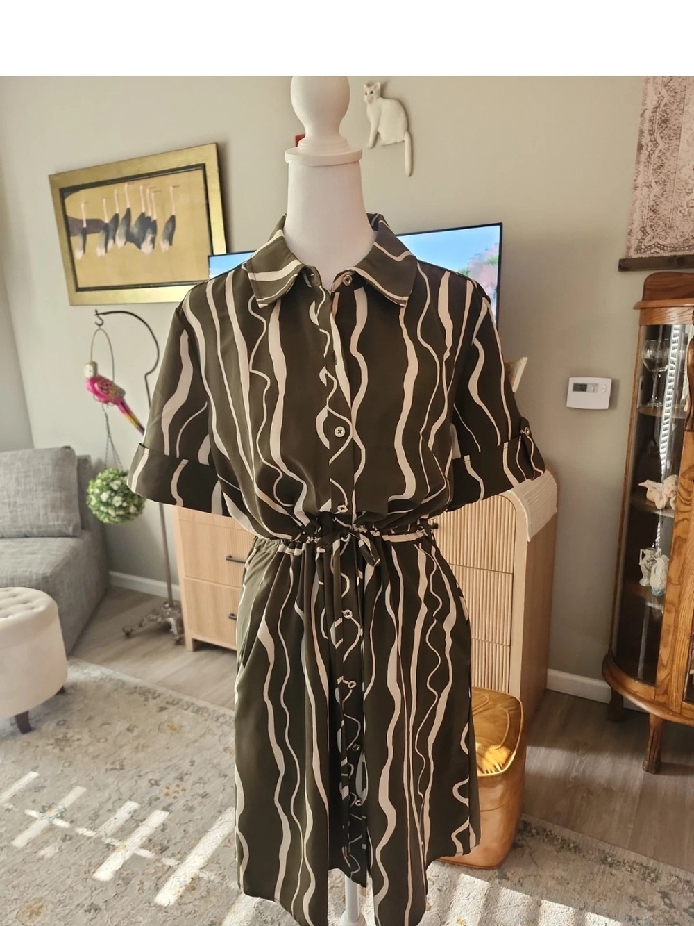 Halston Heritage Olive Green and Cream Striped Midi Shirt Dress Size Medium